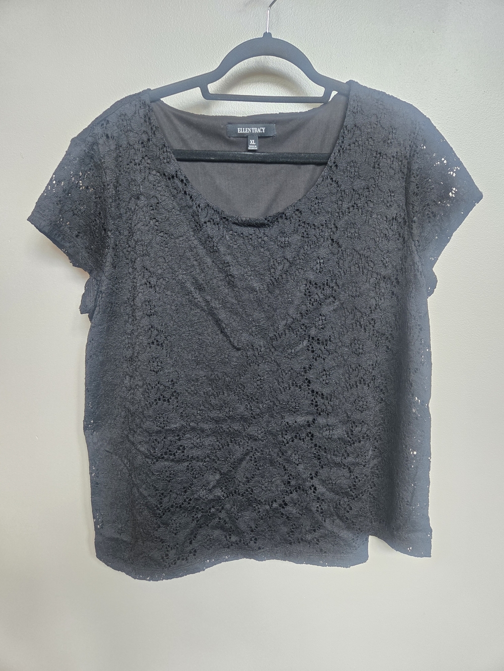 Ellen Tracy Black Lace Short Sleeve Blouse Top XL Layered Knit Scoop Neck